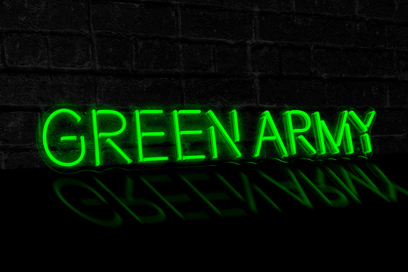 "GREEN ARMY" (block letters) - Licensed LED Neon Sign, Plymouth Argyle FC