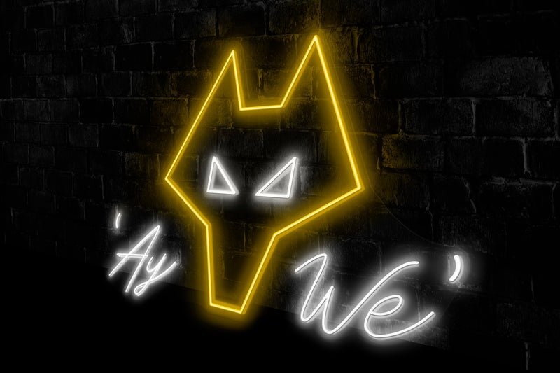 Wolves Simplified Crest & 'Ay We' - Licensed LED Neon Sign, Wolverhampton Wanderers FC