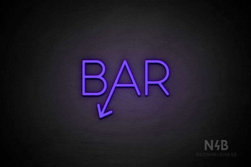 "BAR" (left down tilted arrow, Sunny Day font) - LED neon sign