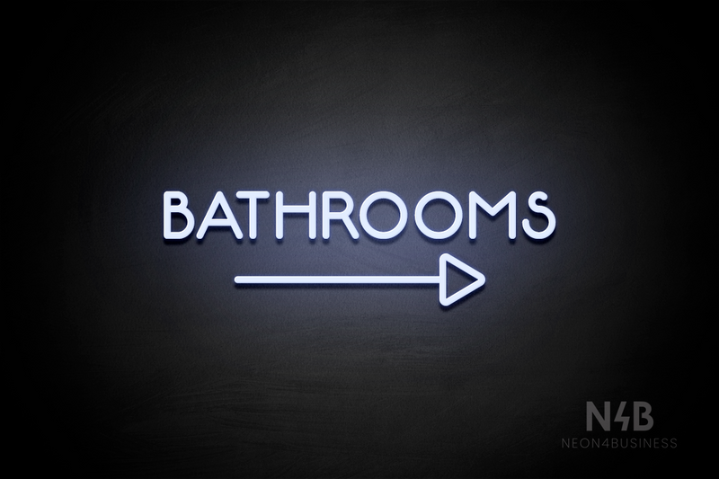 "BATHROOMS" (capitals, right arrow, Mountain font) - LED neon sign