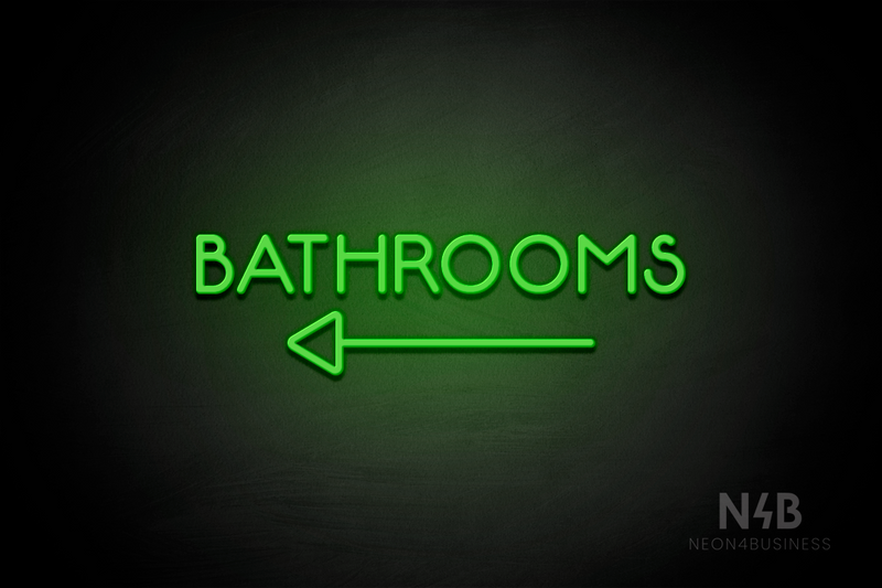 "BATHROOMS" (capitals, left arrow, Mountain font) - LED neon sign