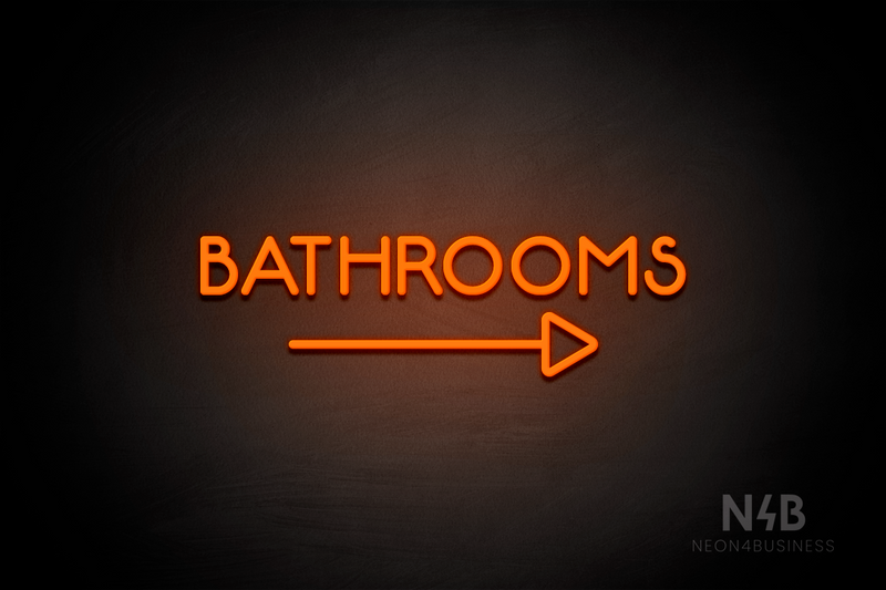 "BATHROOMS" (capitals, right arrow, Mountain font) - LED neon sign