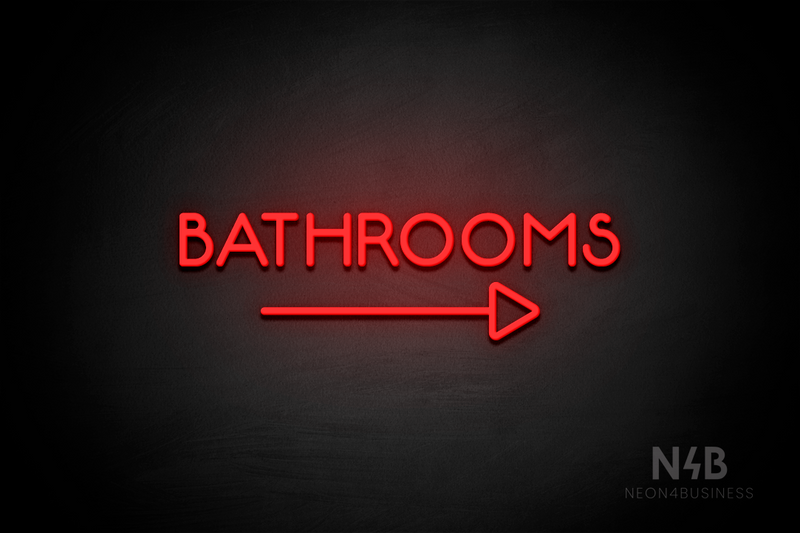 "BATHROOMS" (capitals, right arrow, Mountain font) - LED neon sign