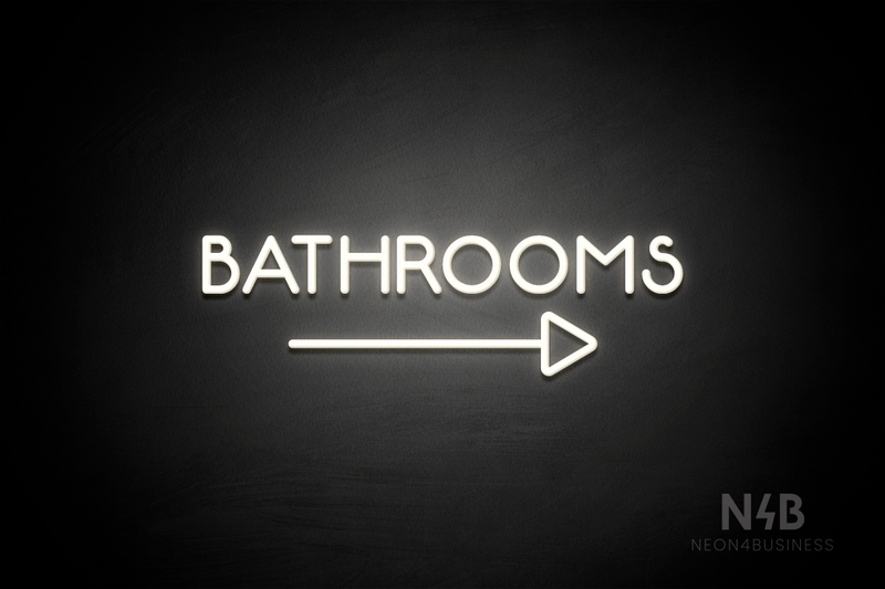 "BATHROOMS" (capitals, right arrow, Mountain font) - LED neon sign