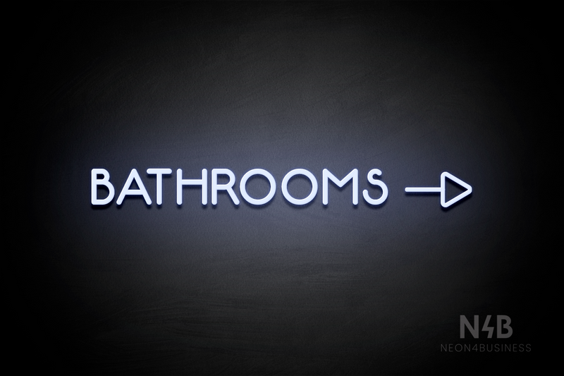 "BATHROOMS" (Capitals, side right arrow, Mountain font) - LED neon sign