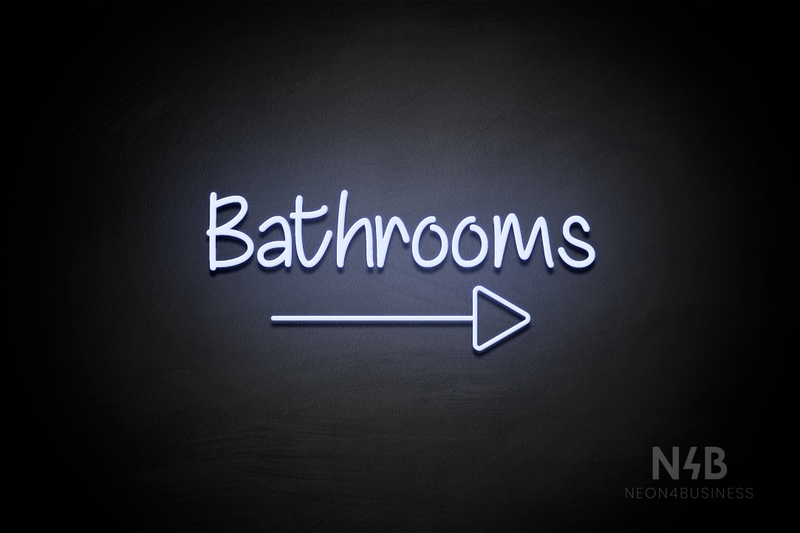 "Bathrooms" (right arrow, Butterfly font) - LED neon sign