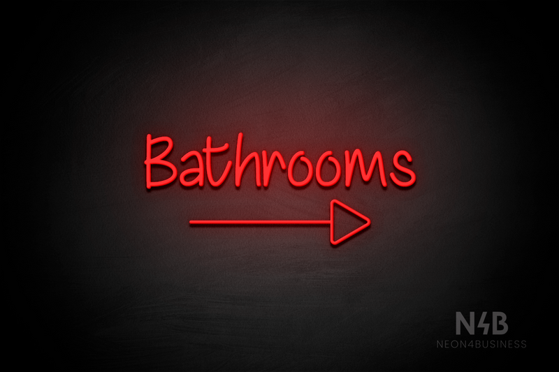 "Bathrooms" (right arrow, Butterfly font) - LED neon sign