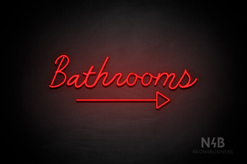 "Bathrooms" (bottom right arrow, Good Place font) - LED neon sign