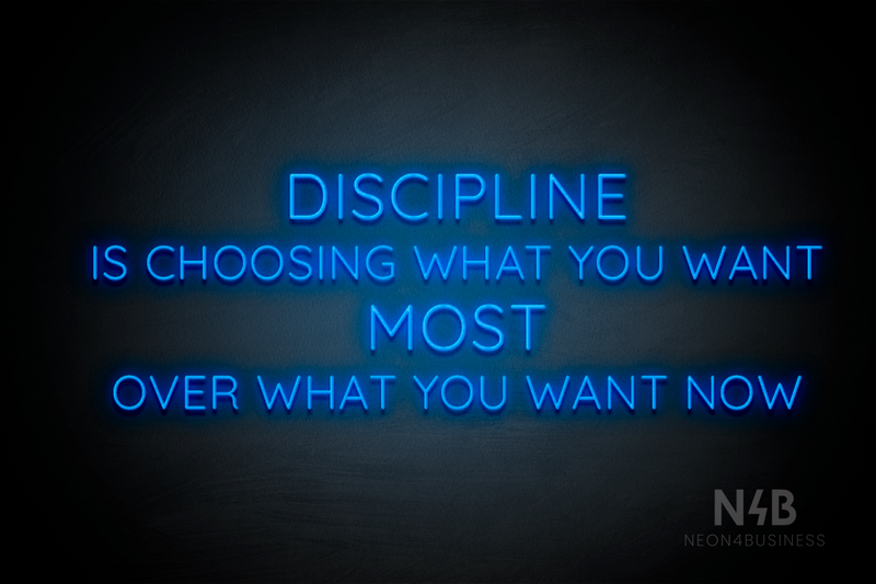 "DISCIPLINE IS CHOOSING WHAT YOU WANT MOST OVER WHAT YOU WANT NOW" (Castle font) - LED neon sign
