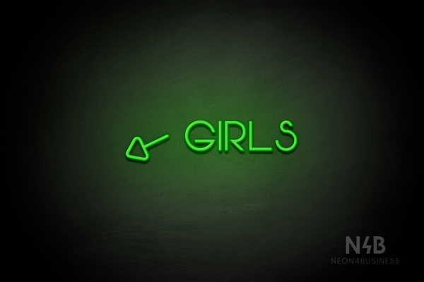 "Girls" (left arrow tilted downwards, Vangeline font) - LED neon sign