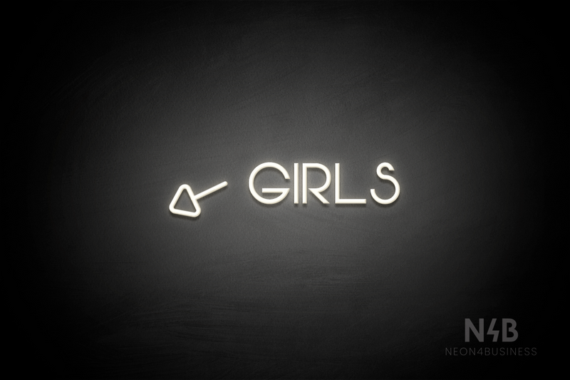 "Girls" (left arrow tilted downwards, Vangeline font) - LED neon sign