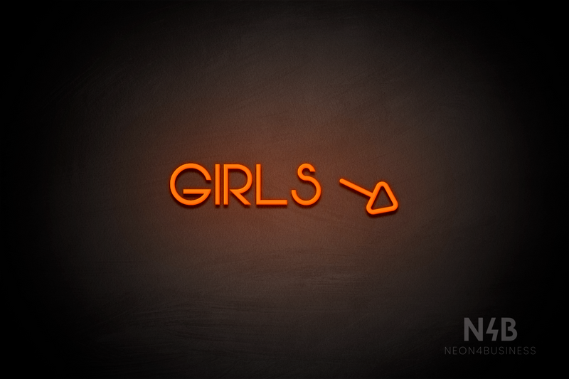 "Girls" (right arrow tilted downwards, Vangeline font) - LED neon sign