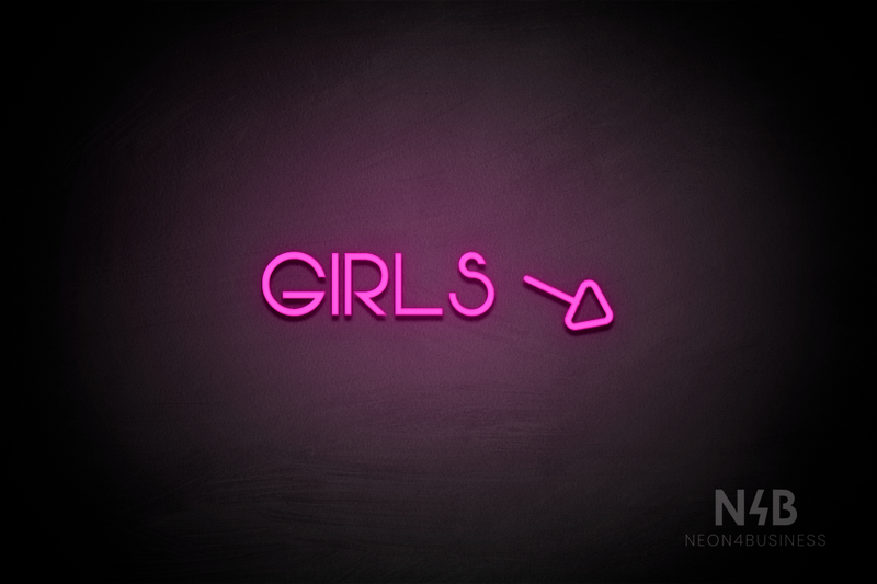 "Girls" (right arrow tilted downwards, Vangeline font) - LED neon sign