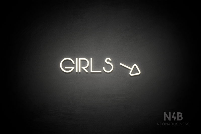 "Girls" (right arrow tilted downwards, Vangeline font) - LED neon sign