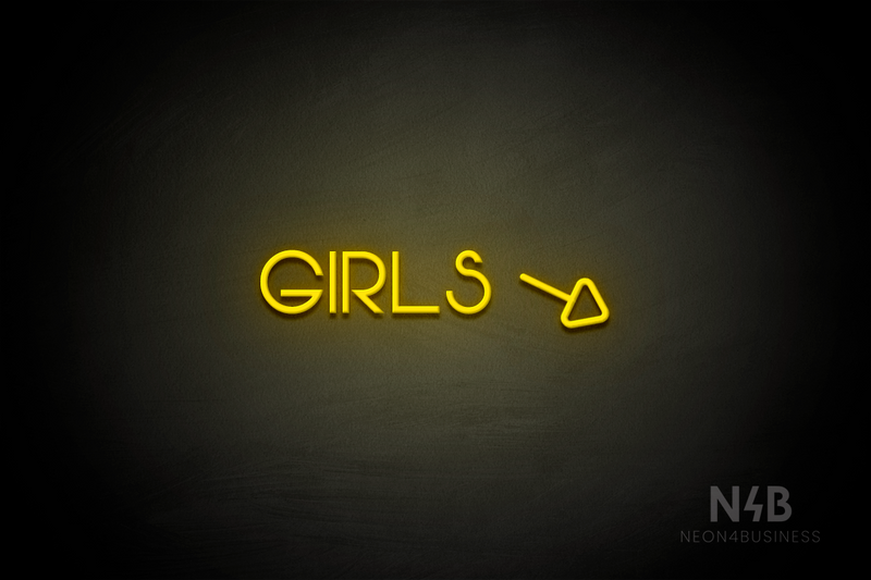 "Girls" (right arrow tilted downwards, Vangeline font) - LED neon sign