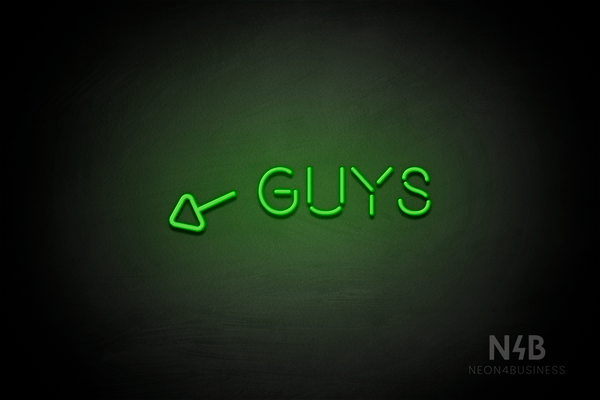 "Guys" (left arrow tilted downwards, Brilliant font) - LED neon sign