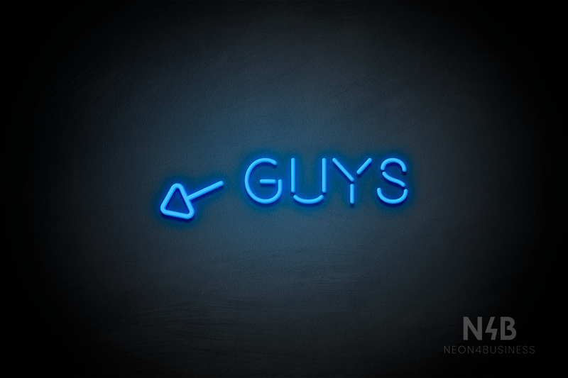 "Guys" (left arrow tilted downwards, Brilliant font) - LED neon sign