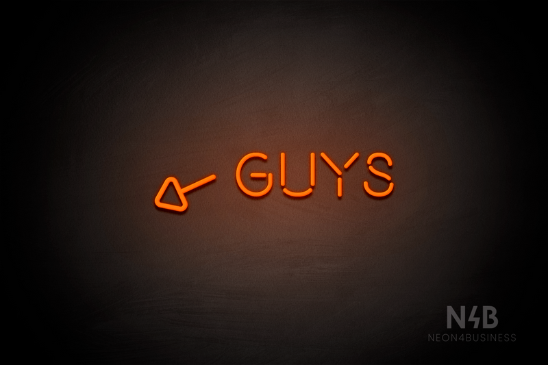 "Guys" (left arrow tilted downwards, Brilliant font) - LED neon sign