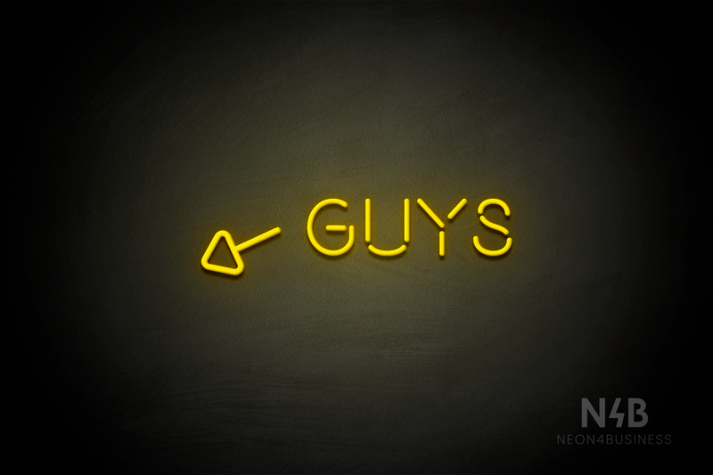 "Guys" (left arrow tilted downwards, Brilliant font) - LED neon sign