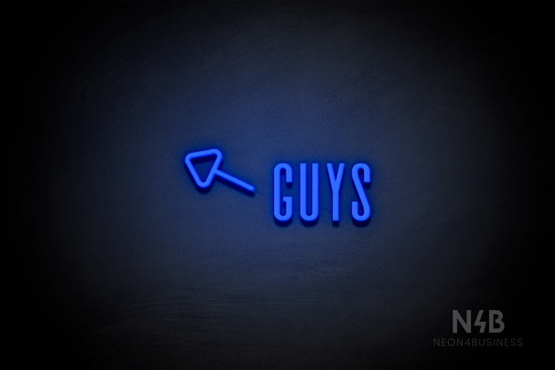 "Guys" (left arrow tilted upwards, Alana font) - LED neon sign
