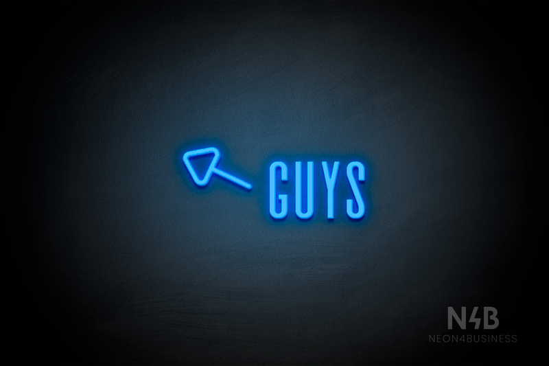 "Guys" (left arrow tilted upwards, Alana font) - LED neon sign