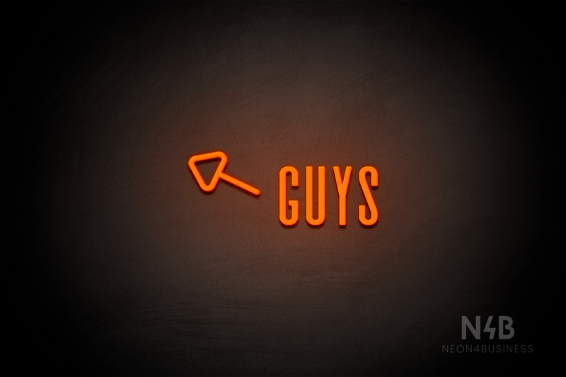 "Guys" (left arrow tilted upwards, Alana font) - LED neon sign