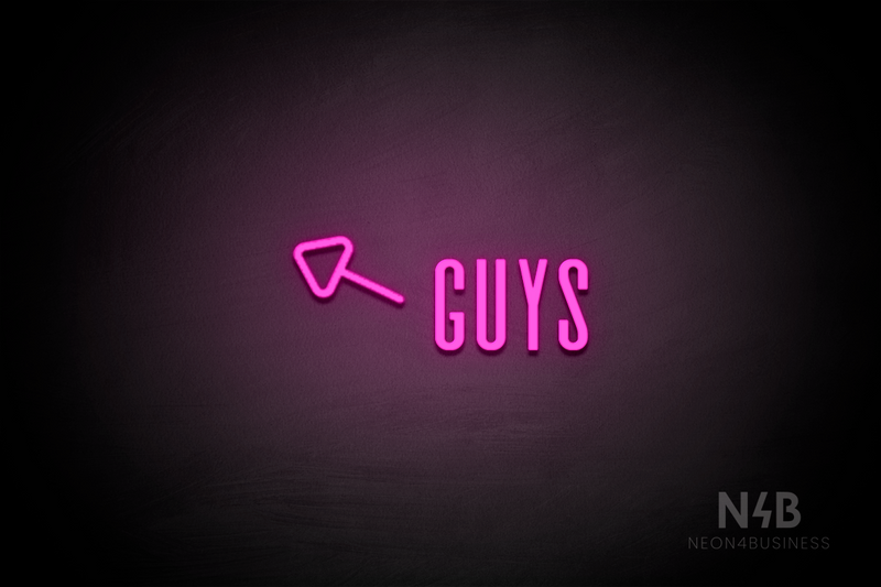 "Guys" (left arrow tilted upwards, Alana font) - LED neon sign