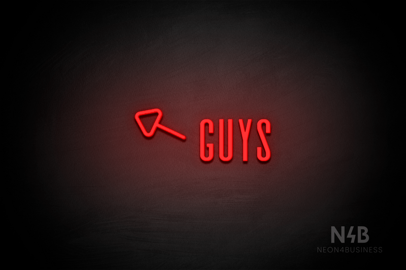 "Guys" (left arrow tilted upwards, Alana font) - LED neon sign