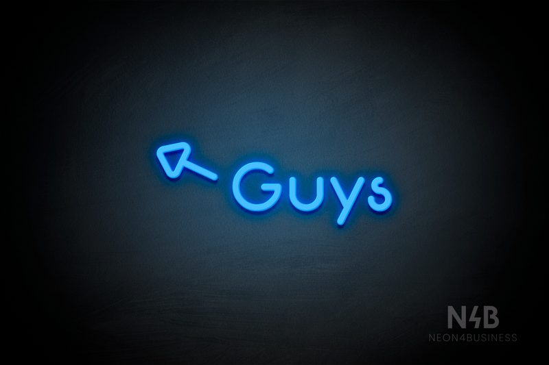 "Guys" (left arrow tilted upwards, Mountain font) - LED neon sign