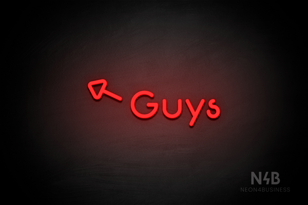 "Guys" (left arrow tilted upwards, Mountain font) - LED neon sign