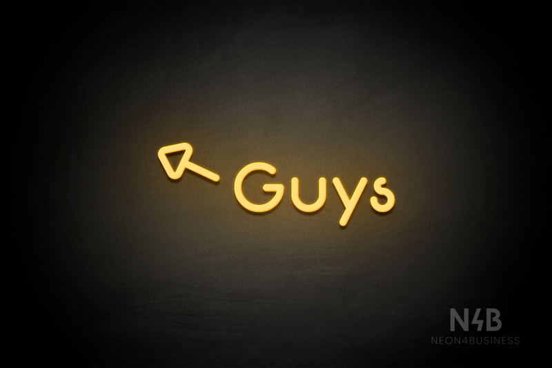 "Guys" (left arrow tilted upwards, Mountain font) - LED neon sign