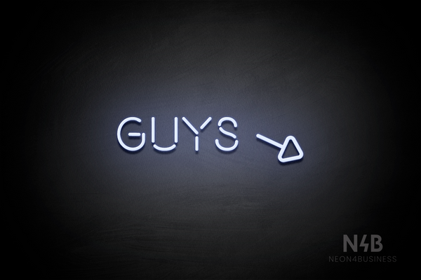"Guys" (right arrow tilted downwards, Brilliant font) - LED neon sign