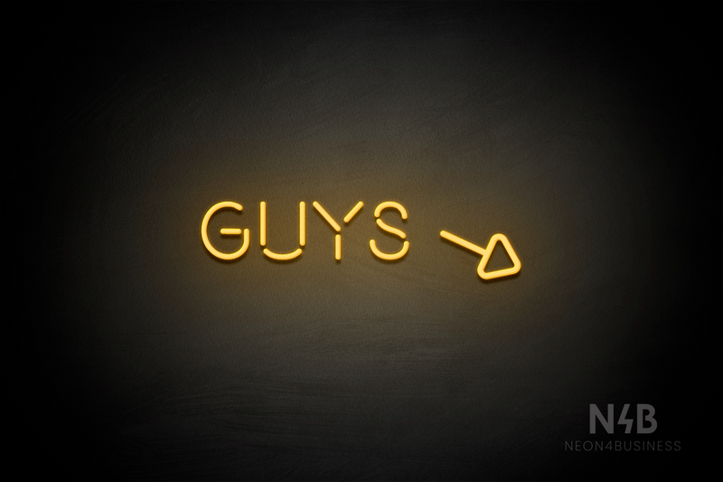"Guys" (right arrow tilted downwards, Brilliant font) - LED neon sign