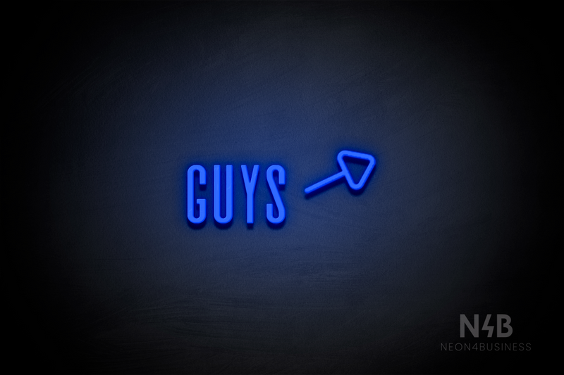 "Guys" (right arrow tilted upwards, Alana font) - LED neon sign