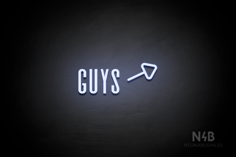 "Guys" (right arrow tilted upwards, Alana font) - LED neon sign