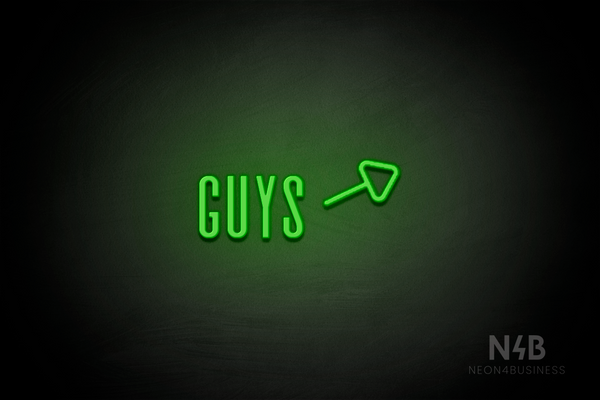 "Guys" (right arrow tilted upwards, Alana font) - LED neon sign