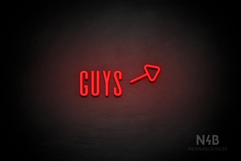 "Guys" (right arrow tilted upwards, Alana font) - LED neon sign