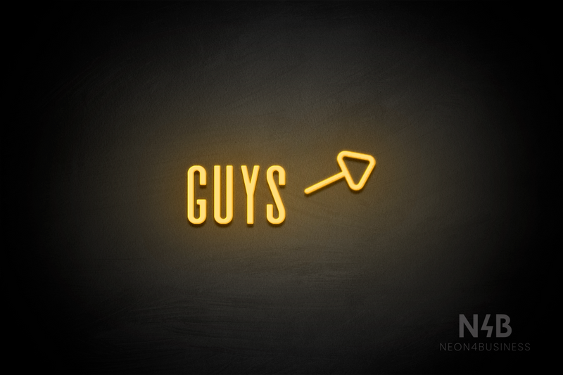 "Guys" (right arrow tilted upwards, Alana font) - LED neon sign