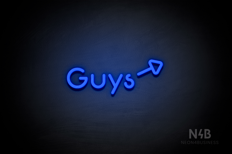"Guys" (right arrow tilted upwards, Mountain font) - LED neon sign