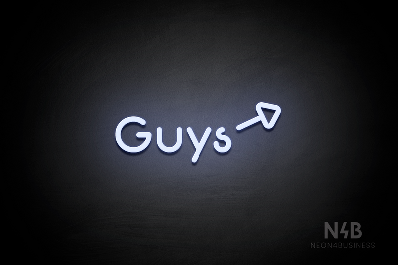 "Guys" (right arrow tilted upwards, Mountain font) - LED neon sign