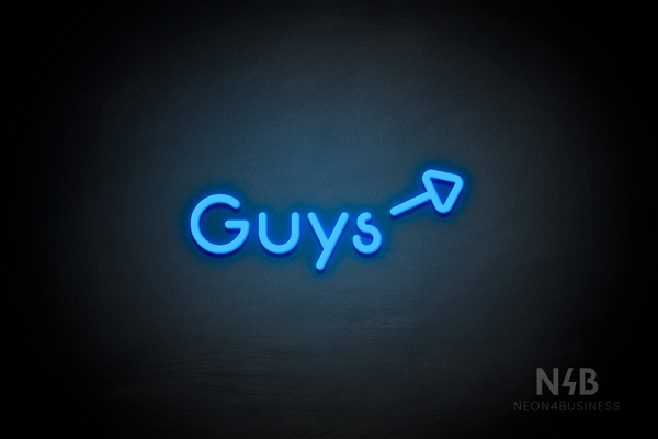 "Guys" (right arrow tilted upwards, Mountain font) - LED neon sign