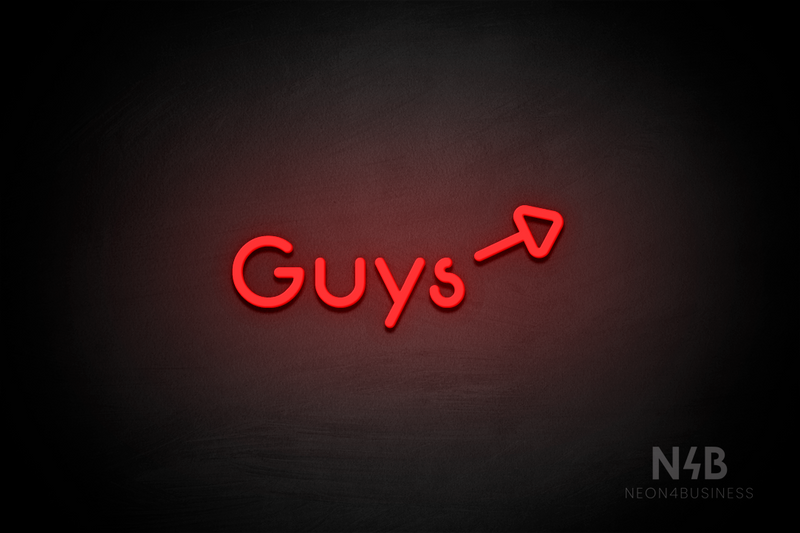 "Guys" (right arrow tilted upwards, Mountain font) - LED neon sign