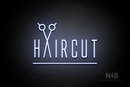 "HAIRCUT" scissors shaped "A" (Naturally Expanded font) - LED neon sign