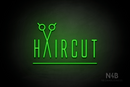 "HAIRCUT" scissors shaped "A" (Naturally Expanded font) - LED neon sign