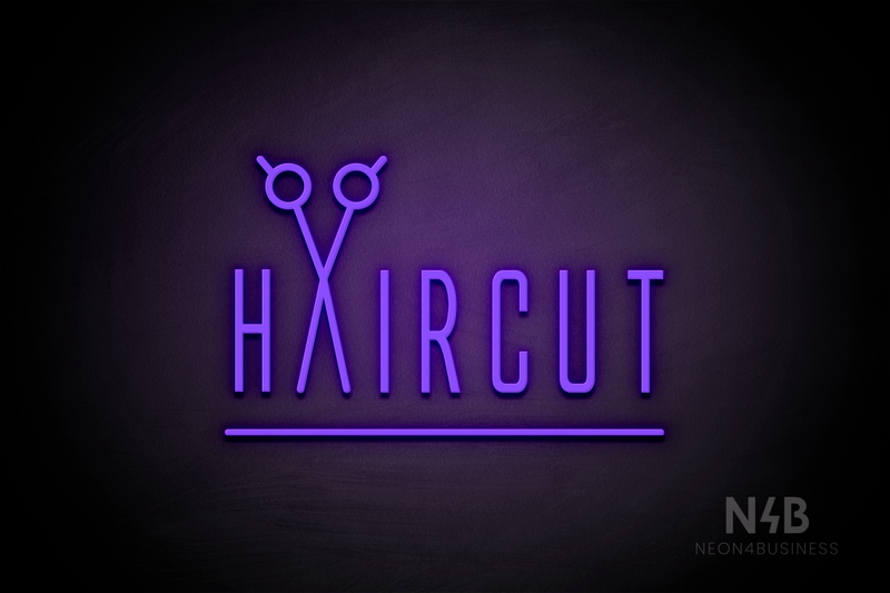 "HAIRCUT" scissors shaped "A" (Naturally Expanded font) - LED neon sign