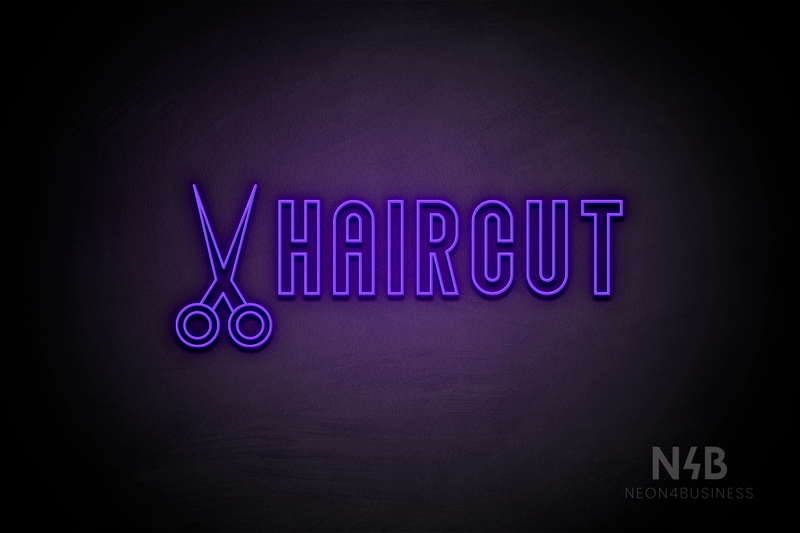 "HAIRCUT" side scissors (Waves font) - LED neon sign