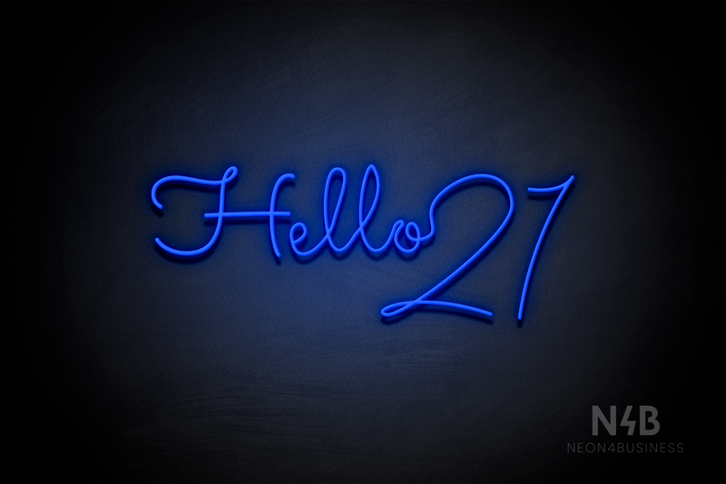 "Hello 21" (Custom font, connected letter "o" and 2) - LED neon sign