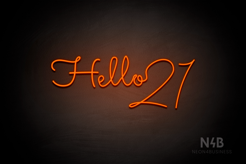 "Hello 21" (Custom font, connected letter "o" and 2) - LED neon sign