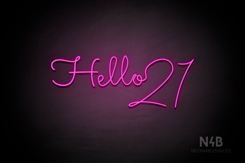 "Hello 21" (Custom font, connected letter "o" and 2) - LED neon sign