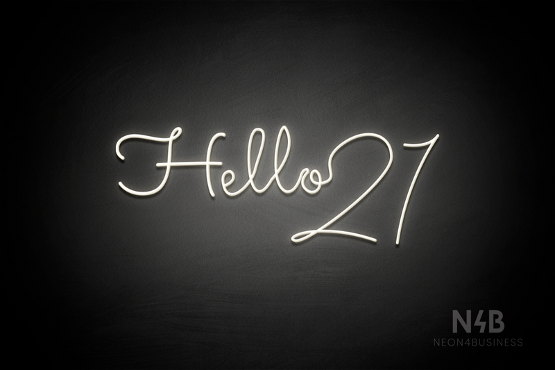 "Hello 21" (Custom font, connected letter "o" and 2) - LED neon sign